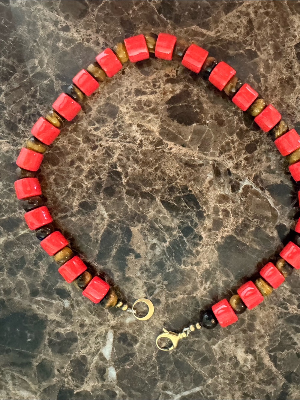 Handcrafted Red Bead Necklace with Gold Accents